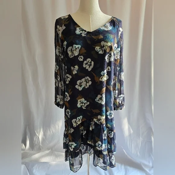 Cabi Pirouette Floral V-Neck Shift Dress Long-Sleeve Ruffle Hem Blue Multi Sz XS - Picture 14 of 14